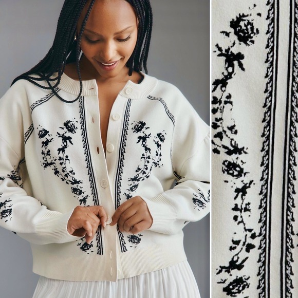 Anthropologie Sweaters - NWT Anthropologie Puff-Sleeve Cardigan Sweater Ivory Black Floral XS $148 Crop